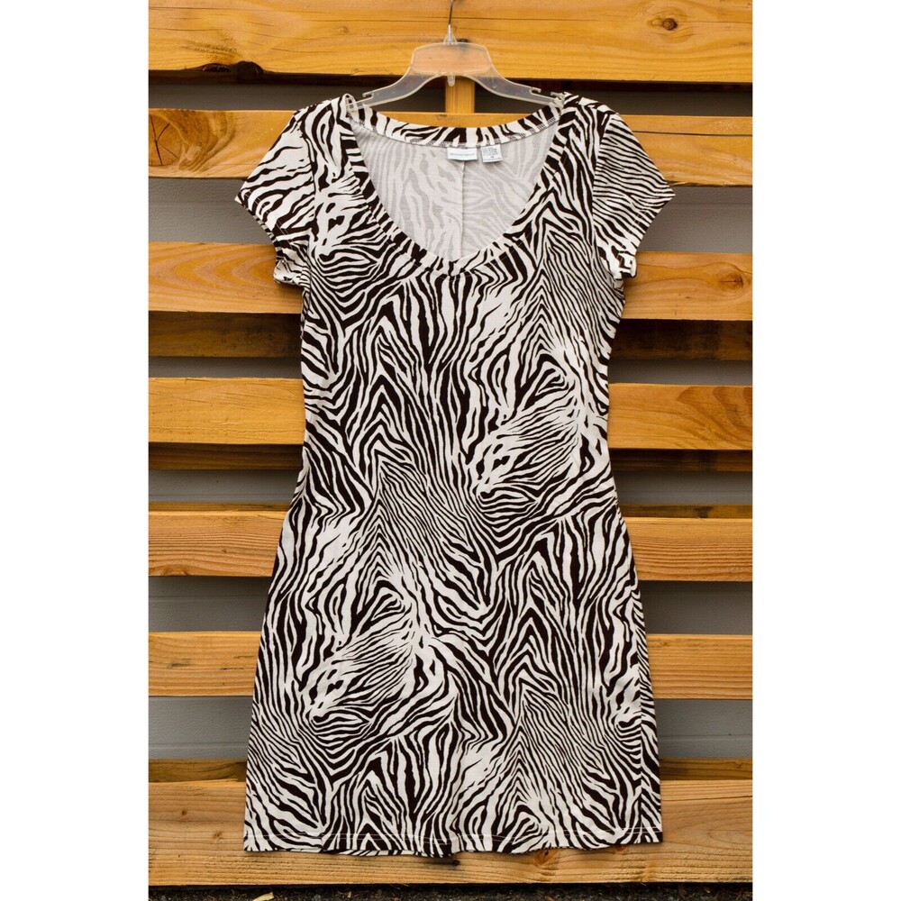 Newport News Scoop Neck Brown Zebra Print T Shirt Midi Casual Dress Sz M